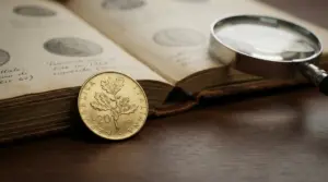 Moneta da 20 lire del 1968 con ramo di quercia accanto a una lente e un libro di numismatica