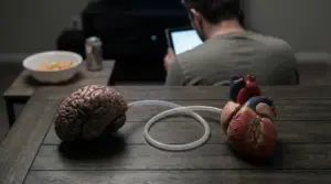 Un modello di cervello collegato a un cuore con un tubo, con una persona seduta sullo sfondo