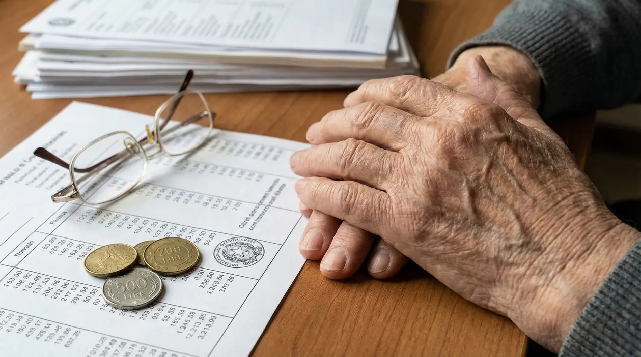 Mani anziane poggiate su un documento con tabelle e monete italiane