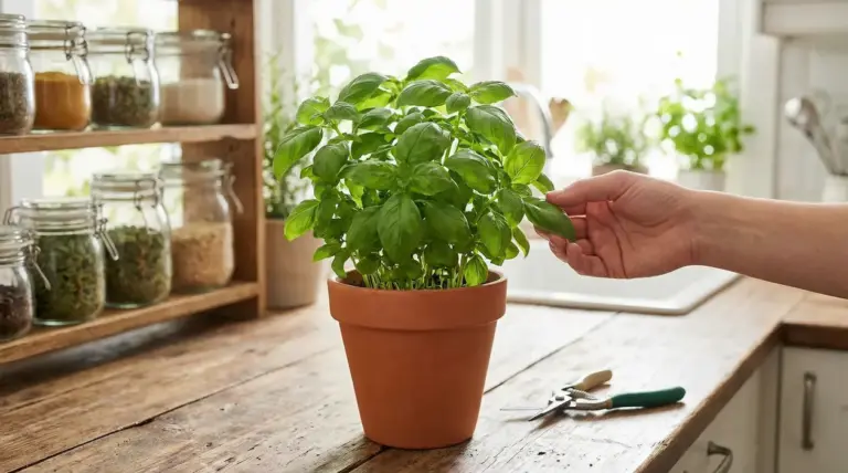 Pianta di basilico in vaso curata su un tavolo di legno in cucina