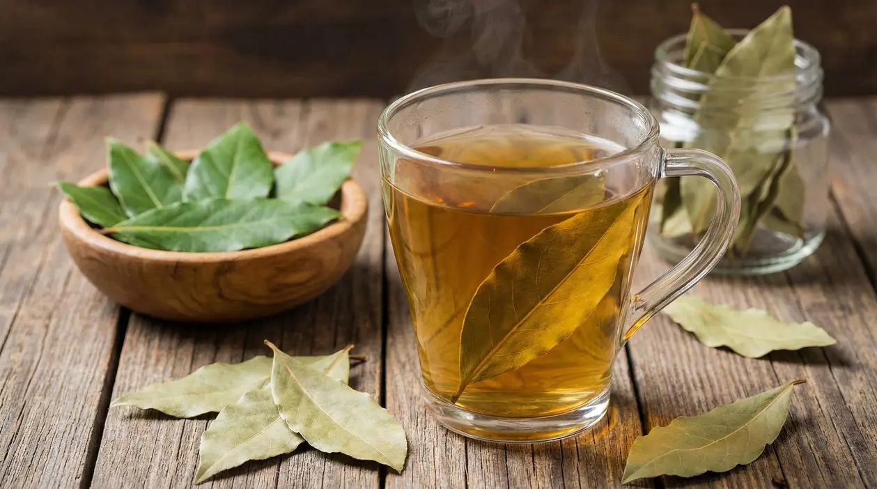 Tazza di infuso caldo con foglie di alloro su tavolo in legno