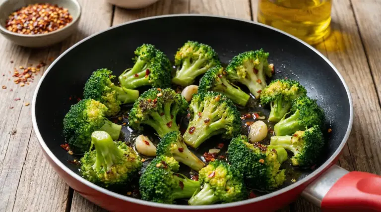 Broccoli saltati in padella con aglio, olio e peperoncino su un piano in legno