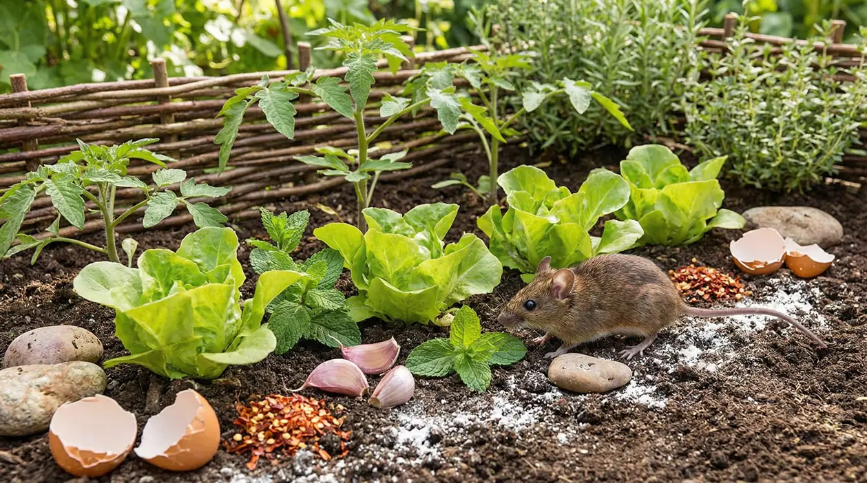 Topo in un orto con lattuga, aglio, peperoncino e gusci d'uovo sul terreno