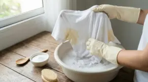 Persona con guanti lava a mano una maglietta bianca con macchie di sudore in una bacinella