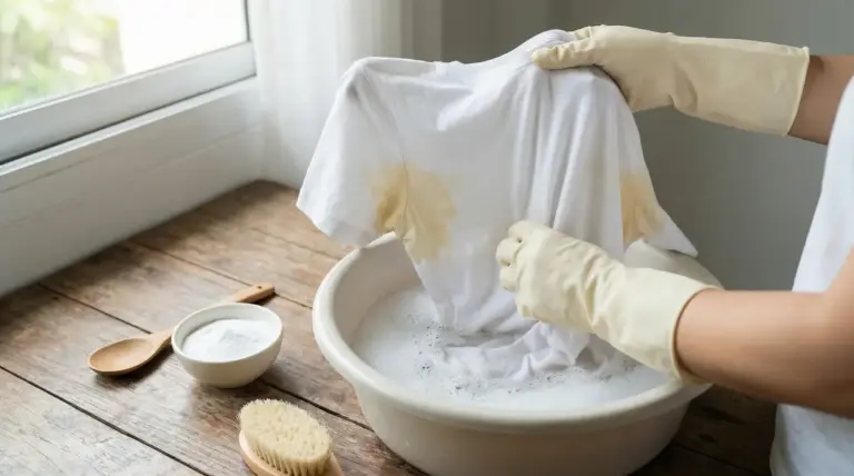 Persona con guanti lava a mano una maglietta bianca con macchie di sudore in una bacinella