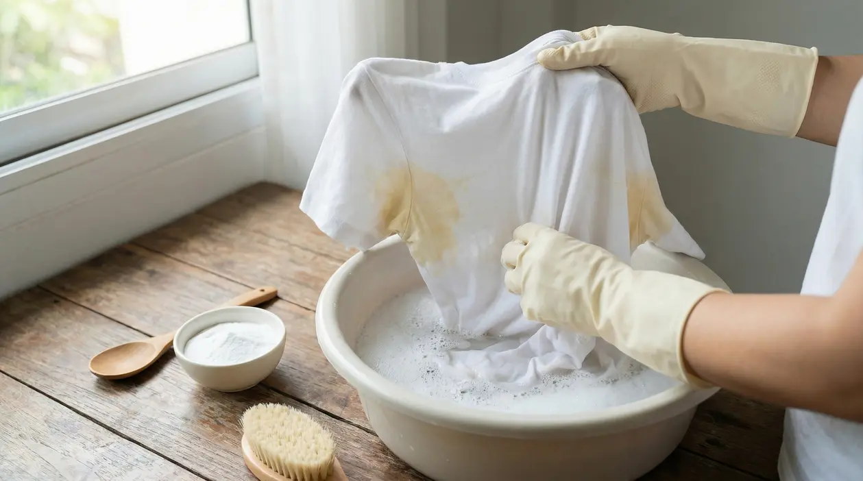 Persona con guanti lava a mano una maglietta bianca con macchie di sudore in una bacinella