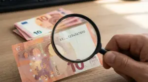 Una mano osserva con lente d'ingrandimento una banconota da 10 euro su un tavolo
