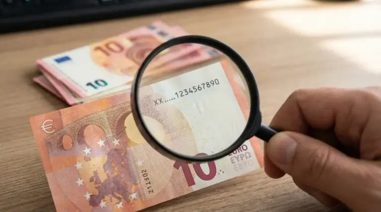 Una mano osserva con lente d'ingrandimento una banconota da 10 euro su un tavolo