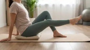 Persona seduta su un tappetino fa esercizi per il ginocchio su un cuscino