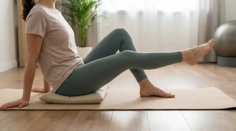 Persona seduta su un tappetino fa esercizi per il ginocchio su un cuscino