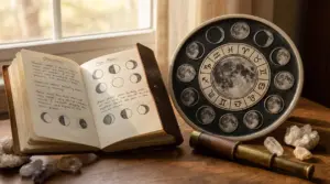 Taccuino aperto con le fasi lunari disegnate e un disco zodiacale su un tavolo di legno