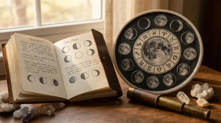 Taccuino aperto con le fasi lunari disegnate e un disco zodiacale su un tavolo di legno