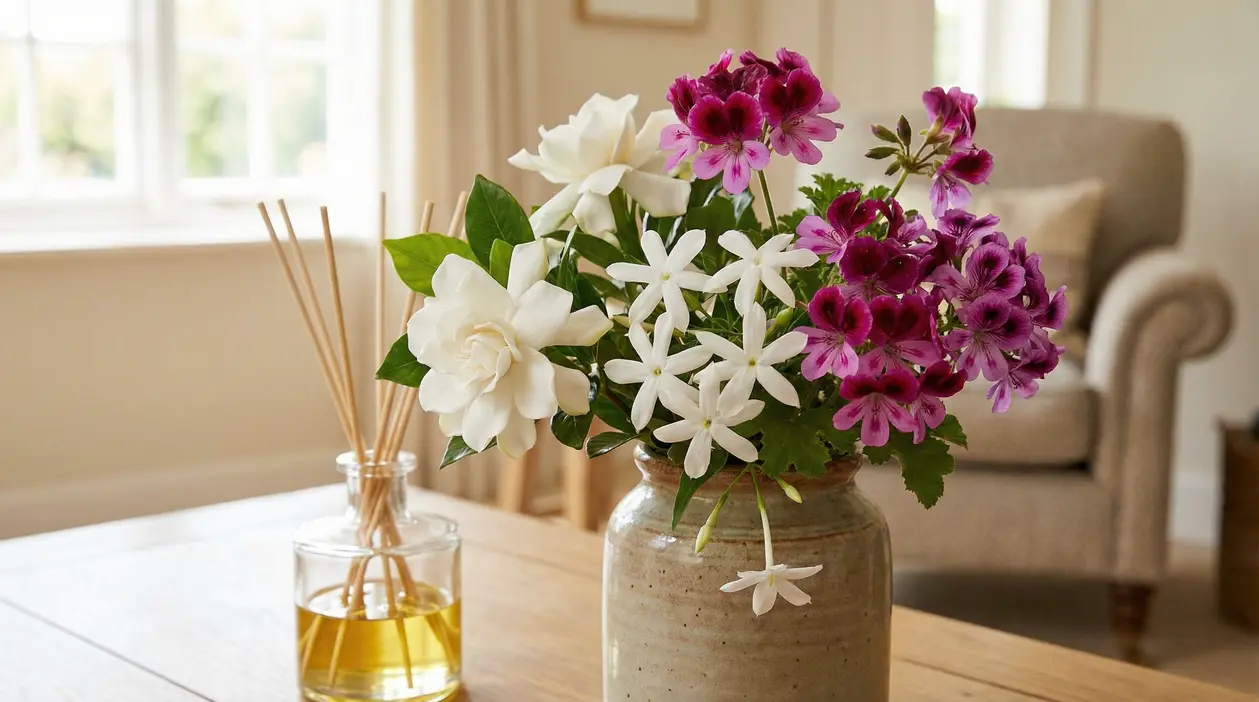 Vaso con fiori profumati su un tavolo in un salotto luminoso