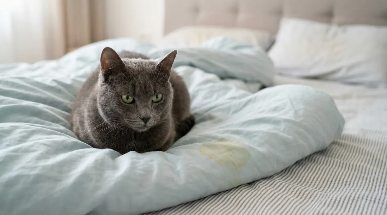 Gatto grigio sdraiato su un letto con una macchia visibile sulle lenzuola