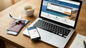 Laptop con sito di prenotazione viaggi, passaporto, biglietti aerei e smartphone con calendario