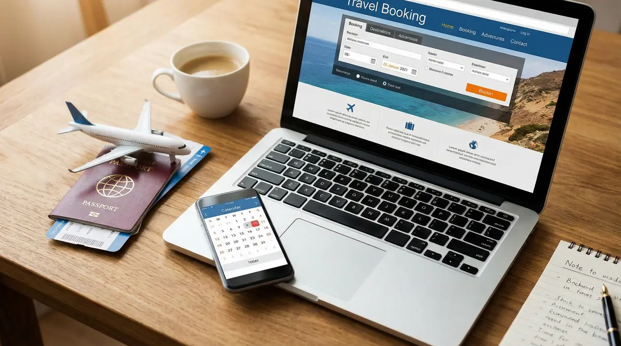 Laptop con sito di prenotazione viaggi, passaporto, biglietti aerei e smartphone con calendario