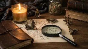 Oggetti legati all'astrologia su un tavolo in legno con candela, simboli zodiacali e lente d'ingrandimento