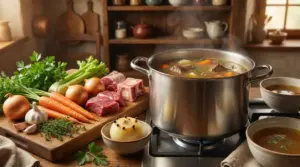 Pentola di brodo in cottura con verdure fresche e carne su un tavolo rustico