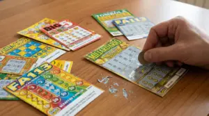 Mano che gratta un biglietto del Gratta e Vinci con una moneta su un tavolo di legno