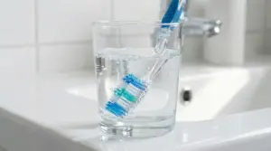 Spazzolino da denti immerso in un bicchiere d'acqua su un lavandino