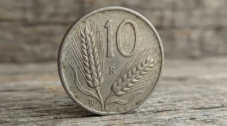 Moneta italiana da 10 lire Spiga del 1954 su sfondo in legno