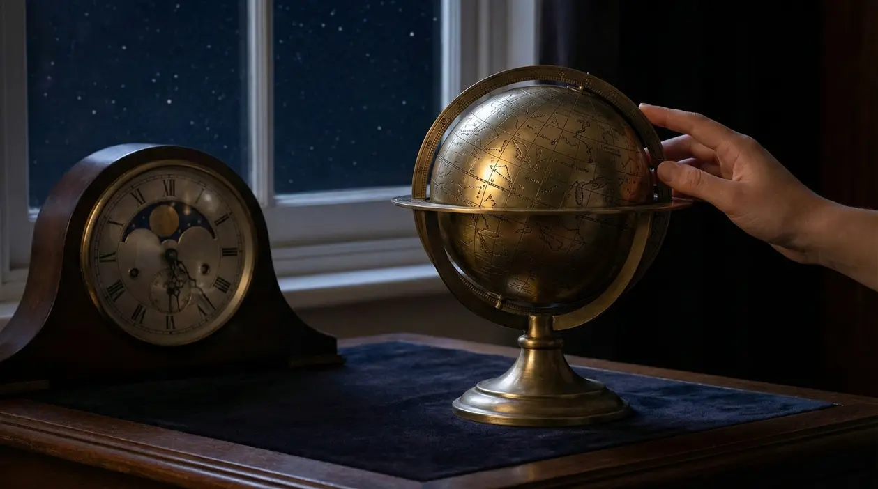 Una mano ruota un globo celeste accanto a un orologio antico su un tavolo sotto una finestra notturna