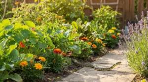 Serpente che striscia su un vialetto in un giardino con fiori e piante