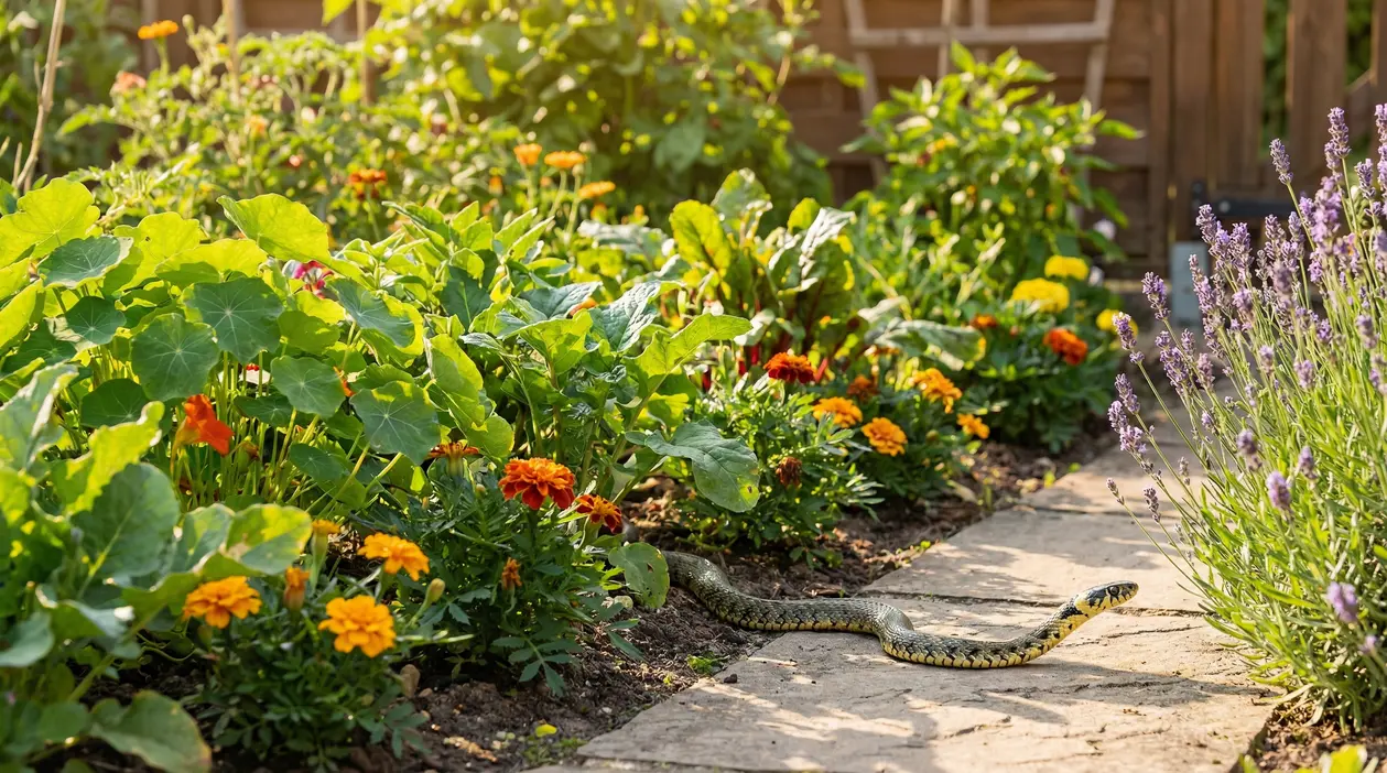 Serpente che striscia su un vialetto in un giardino con fiori e piante