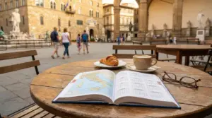 Tavolino all'aperto con caffè, croissant, calendario aperto e mappa dell'Italia in una piazza storica