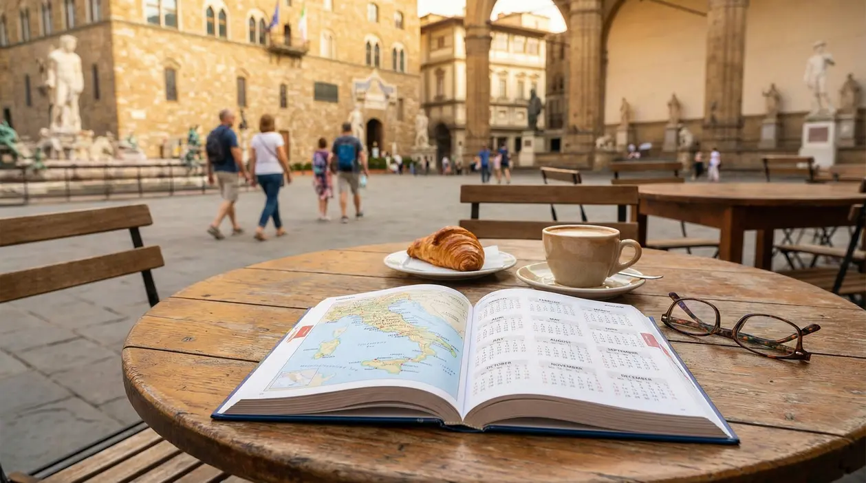 Tavolino all'aperto con caffè, croissant, calendario aperto e mappa dell'Italia in una piazza storica