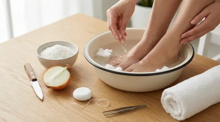 Piedi immersi in una bacinella con acqua, sale e rimedi naturali su un tavolo di legno