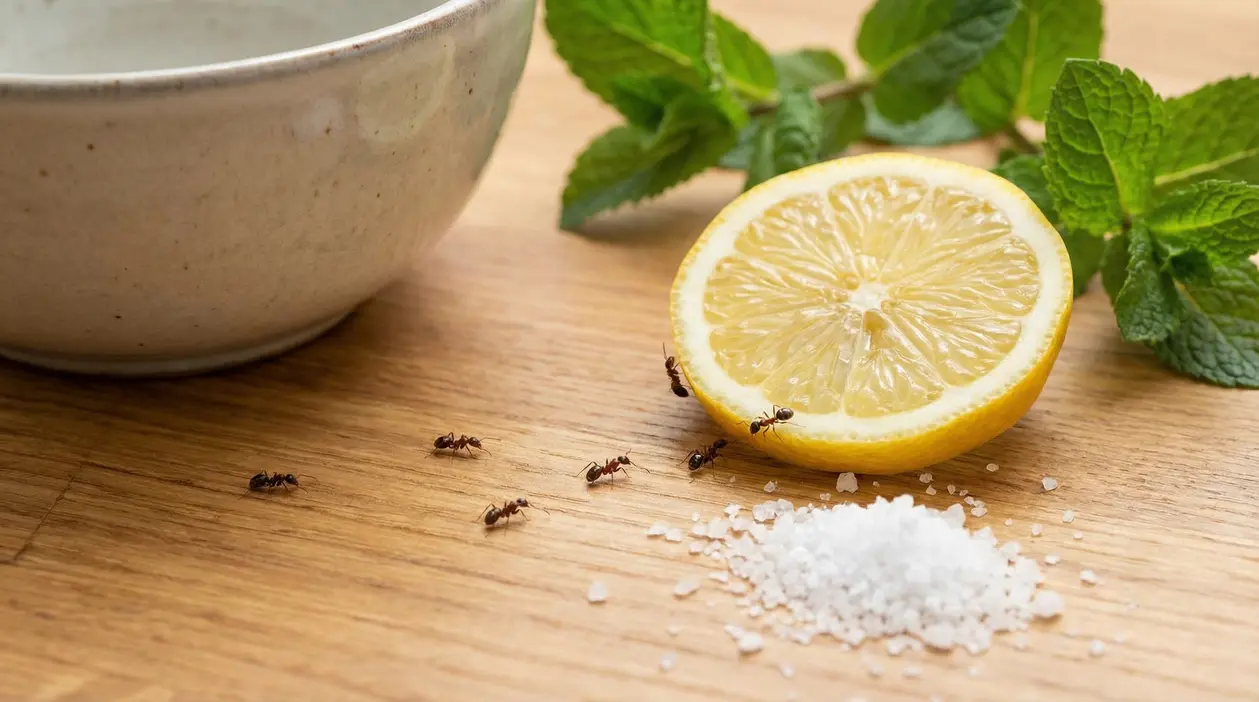 Formiche vicino a limone, sale grosso e foglie di menta su un tavolo di legno