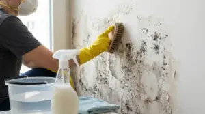 Persona pulisce una parete con muffa usando una spazzola e prodotti naturali