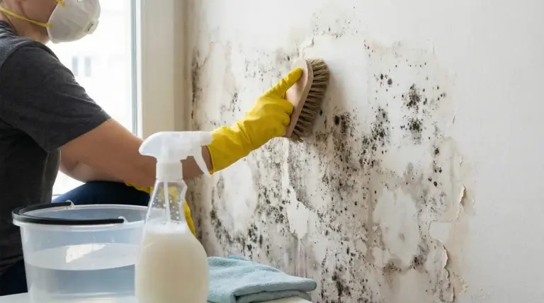 Persona pulisce una parete con muffa usando una spazzola e prodotti naturali