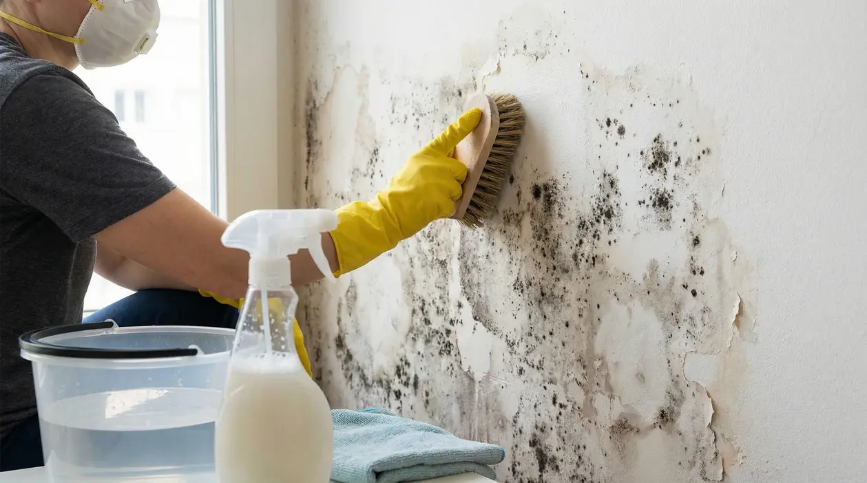 Persona pulisce una parete con muffa usando una spazzola e prodotti naturali