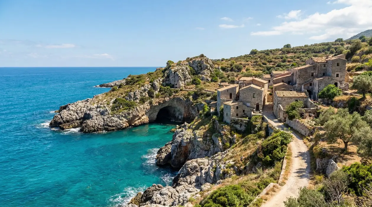 Borgo antico su una scogliera affacciata sul mare cristallino in Italia meridionale