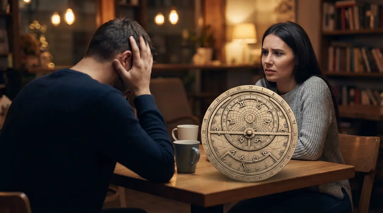Due persone sedute a un tavolo con espressioni preoccupate e uno strumento astrologico tra loro