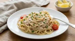 Piatto di spaghetti al tonno cremosi guarniti con prezzemolo e pomodorini