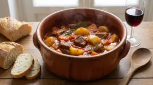 Spezzatino di manzo con patate in pentola di terracotta, accompagnato da pane e bicchiere di vino rosso