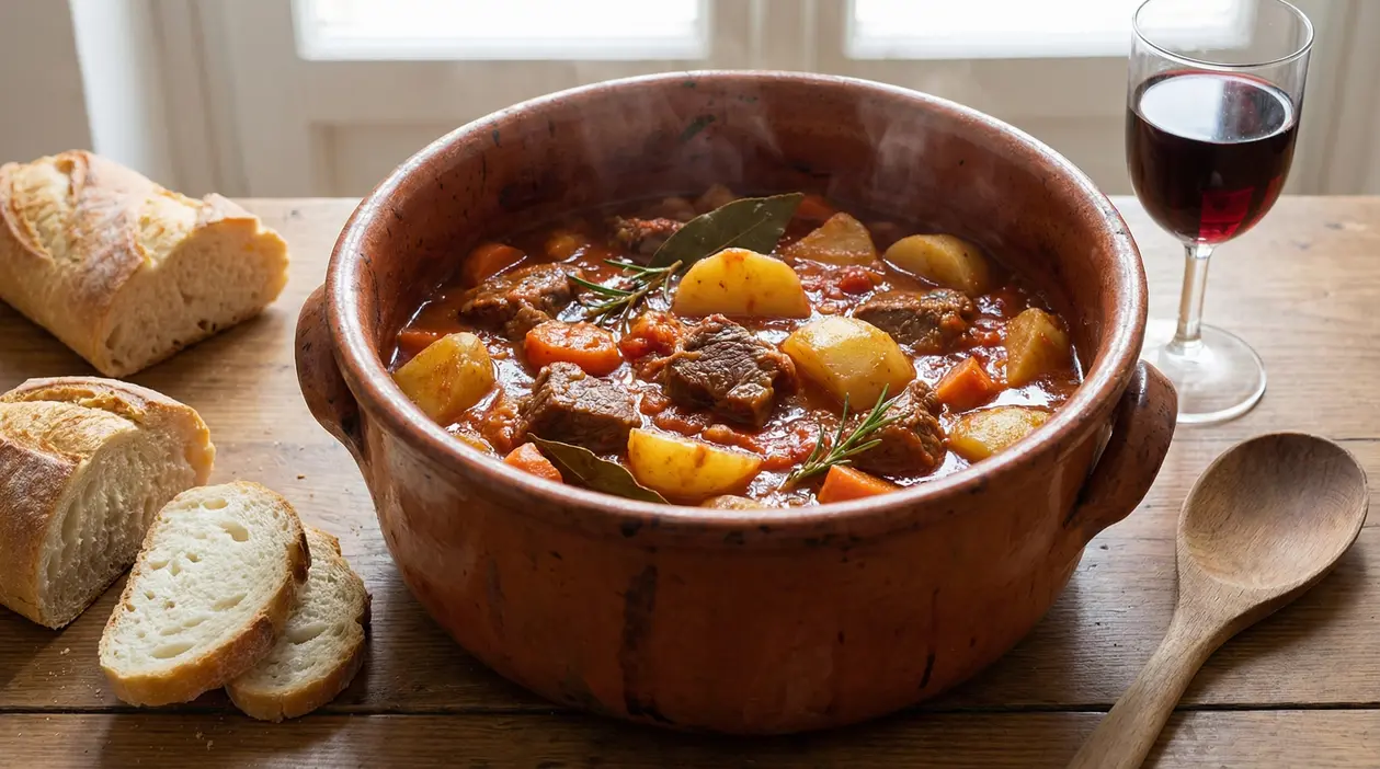 Spezzatino di manzo con patate in pentola di terracotta, accompagnato da pane e bicchiere di vino rosso