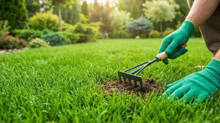 Persona che lavora il prato con un rastrello a mano in un giardino verde e curato