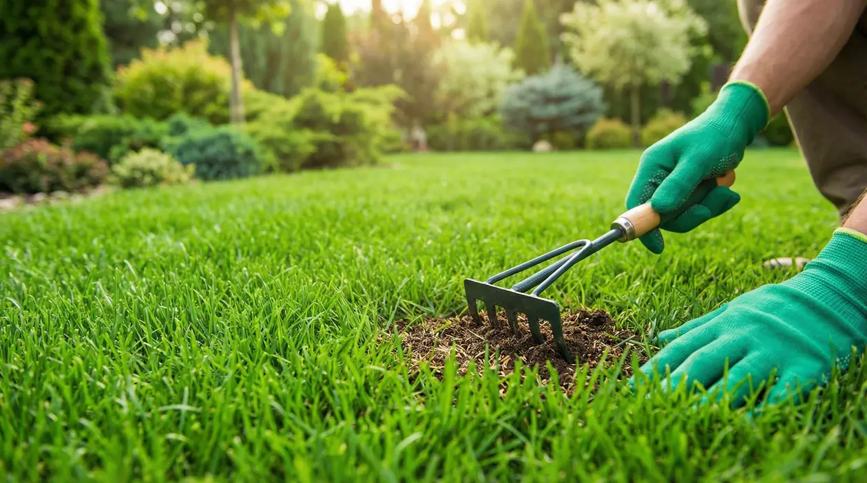 Persona che lavora il prato con un rastrello a mano in un giardino verde e curato