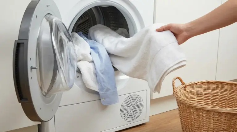 Una mano estrae asciugamani e camicia da un’asciugatrice accanto a un cesto di vimini