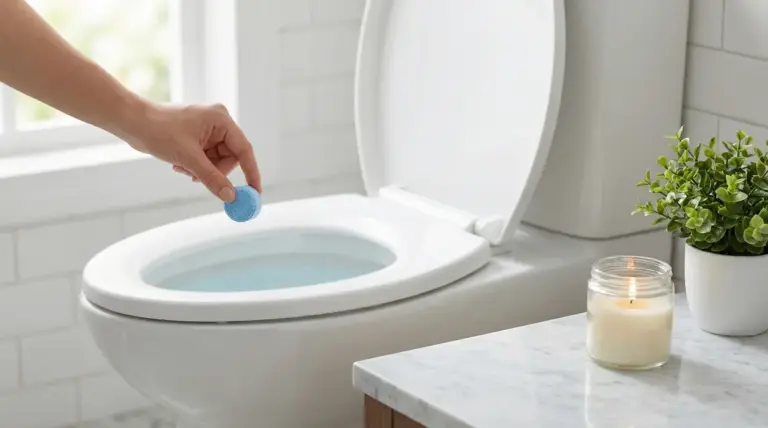 Una mano che inserisce una pastiglia blu nel water di un bagno pulito