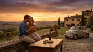 Coppia che brinda al tramonto in una campagna italiana con vino e stuzzichini