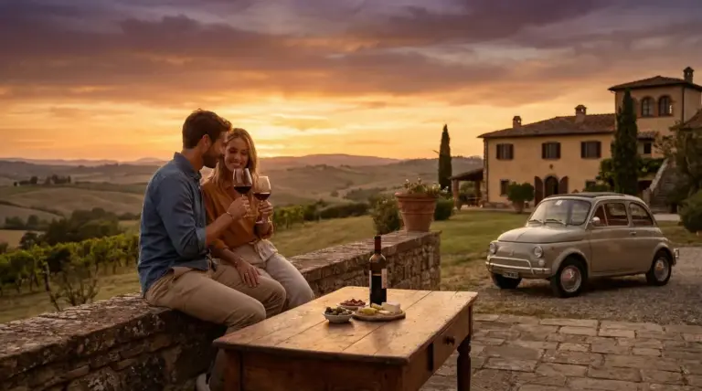 Coppia che brinda al tramonto in una campagna italiana con vino e stuzzichini