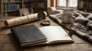 Oggetti su un tavolo di legno tra cui mappa zodiacale, bussola, taccuino e tazza di caffè