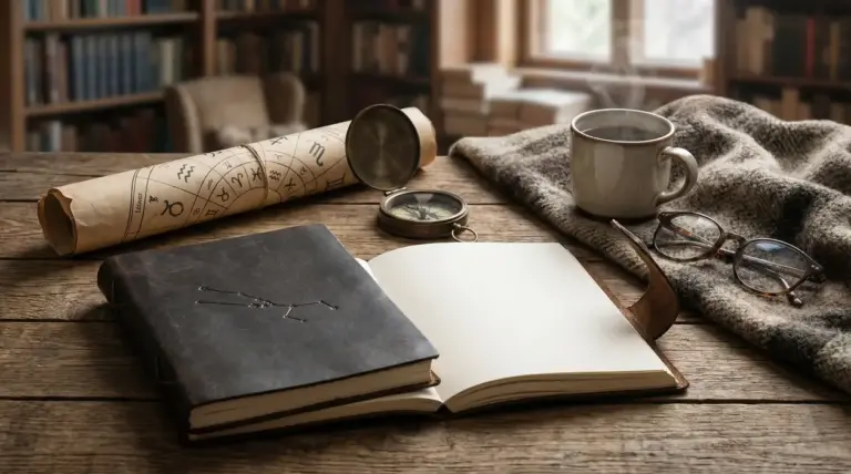 Oggetti su un tavolo di legno tra cui mappa zodiacale, bussola, taccuino e tazza di caffè